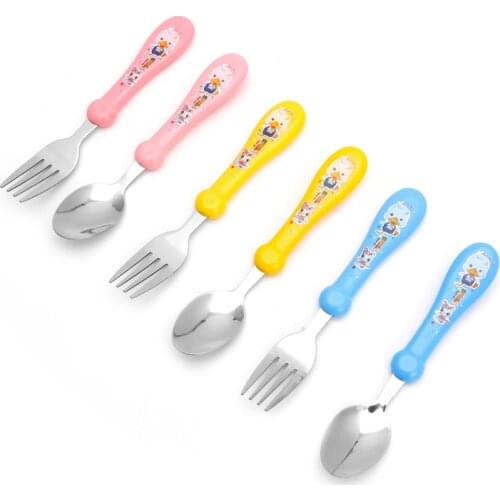 Children Like 2Pcs/Set Lovely Baby Kids Feeding Spoon Fork Stainless Steel Baby Spoon Flatware Convenient