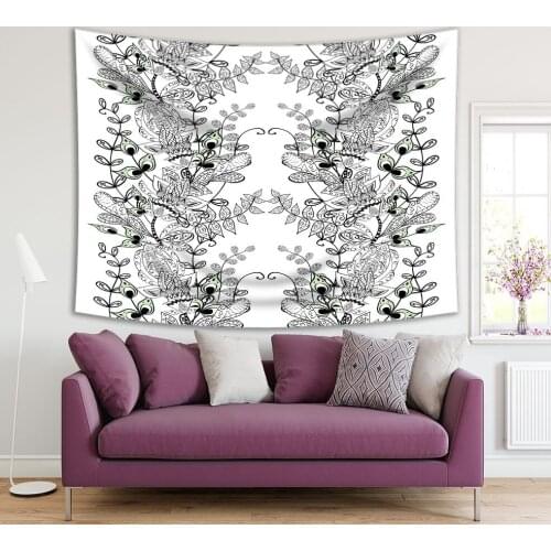 Tapestry Flowers Leaves Foliage Abstract Floral Pattern Doodle Style Monochrome Artwork White Black Green