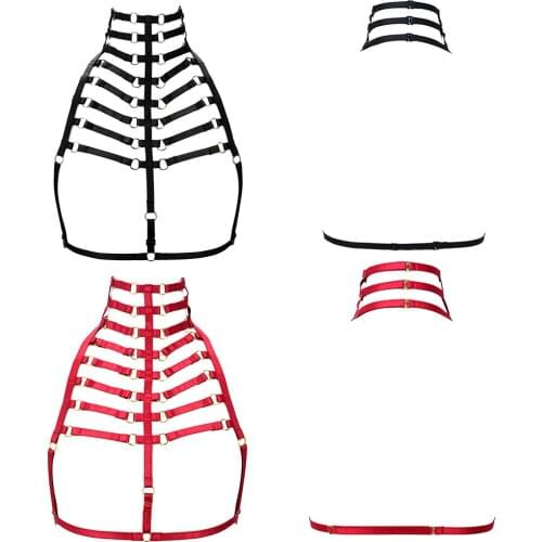 HANAERNES Womens Gothic Parallel Line Top Bra with Stylish Harajuku Garter Restraint Cage Carving Harness Sling red suspenders