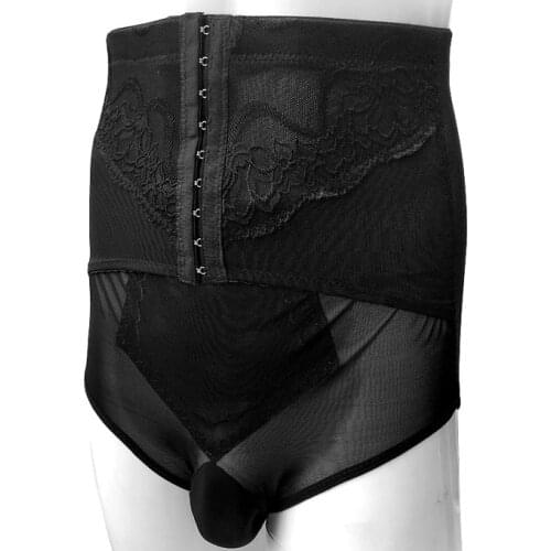 Sissy Lace Compression Shorts Panties With Penis Pouch Mesh Men Tight Shapers Bodybuilding Underwear Boxer Underpants