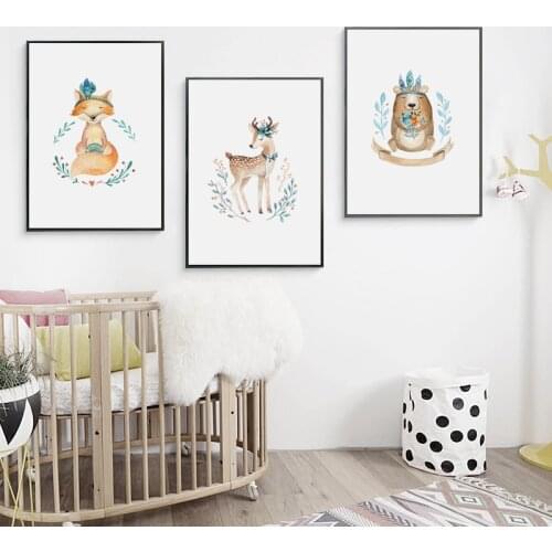 07G Cute Watercolor Animals Bear Fox Deer A4 A3 Canvas Art Painting Print Poster Picture Wall Childrens Room Home Decor Mural