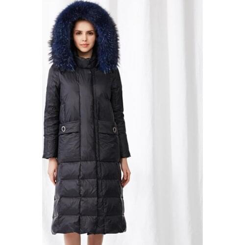 Winter Womens Fashion Real Fur Collar Goose Down Coat Female Was Thin Over The Knee Long Hooded Warm Down Jacket Parkas F2635