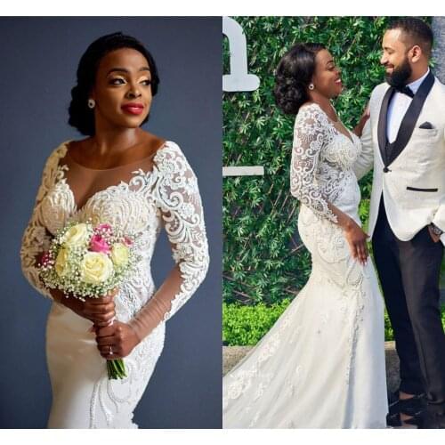 African Vintage Long Sleeves Lace Appliqued Mermaid Wedding Dresses Sexy Black Girl Sweep Train Plus Size Bridal Gown