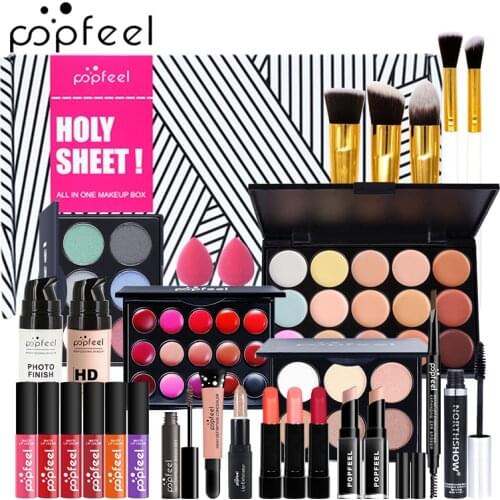 POPFEEL 30 Piece Make-up Set Eyeshadow Lipstick Eyebrow Mascara Makeup Brush Powder Puff With Makeup Bag Full Starter Makeup Kit