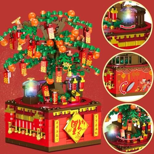 Creator Expert Music Box Chinese New Year Gifts Fortune Tree With Light Building Blocks Bricks Creator Toys For Children