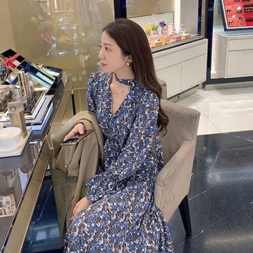Chiffon Floral Print V-Neck Flare Sleeve Dress 2021 New Elegant Slim Waist Bandage One Piece Temperament Midi Dresses for Women