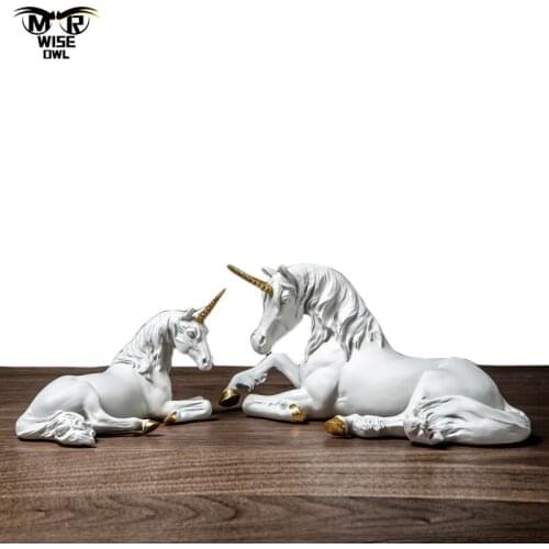 Nordic White Unicorn Horse Statue Office Decoration Animal Figurines Modern Home Living Room Fairy Garden Decor Desktop