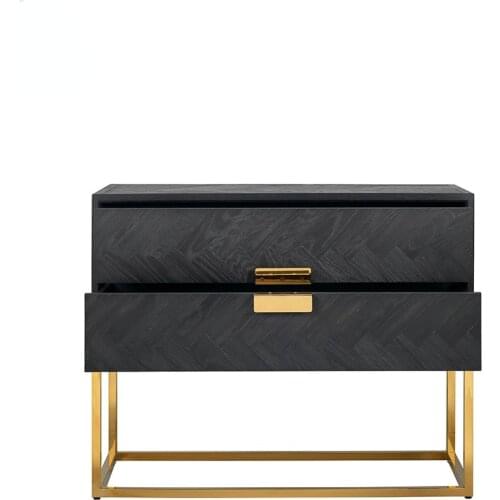 Modern Bedroom Black Wood Finish Golden Stainless Steel Base Bedside Lamp Table 2 Drawer Nighstand