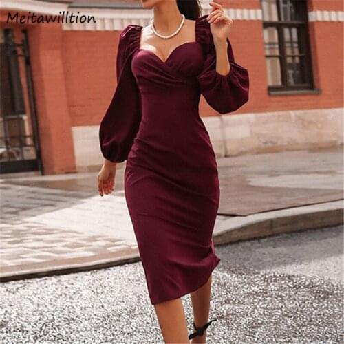 Vintage Office Pencil Dress Sexy Solid V Neck Off Shoulder Bodycon Dress 2020 Elegant Long Puff Sleeve Party Dresses