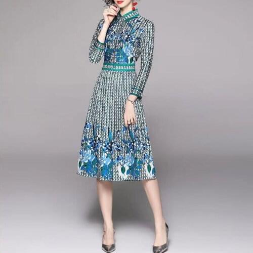 IVY HE High Quality Autumn Dress Woman Clothing Versatile Design Fashion Print Slim Fit Midi Long Dress Vintage Party Dresses ZA