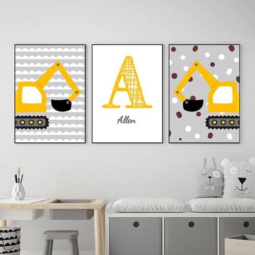 Yellow Excavator Canvas Art Painting Boy Custom Name Posters Nursery Wall Art Print Nordic Poster Wall Pictures Kids Room Decor
