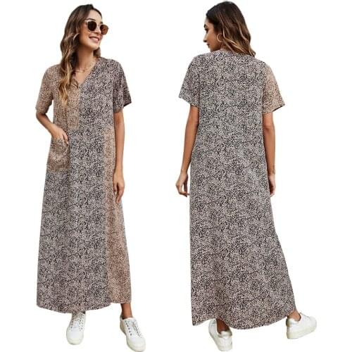 2021 Fashion Women Print Long Dress V-neck Short Sleeve Summer Vestido Side Slit Vintage Retro Vestido Pockets Patchwork Casual