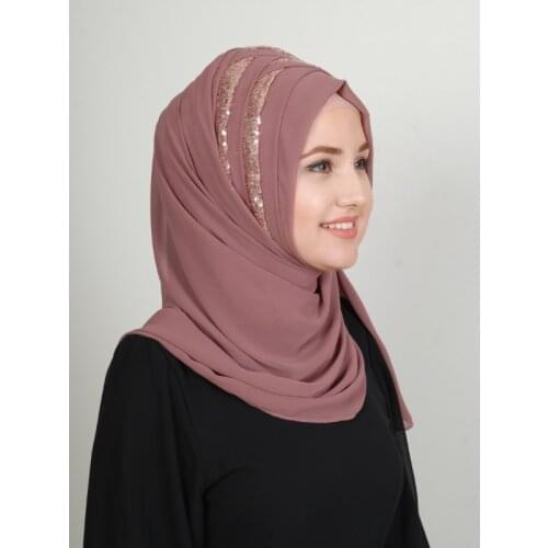 2021 New Fashion Hijab Sequined Ready Made Turban Rose Dried Color Scarf Long Muslim Shawl Plain Soft Tie Head Wraps For Women