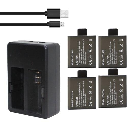 4Pcs PG1050 1050mAh Camera Rechargable Batteries+ Dual Charger ForAction Camera SJCAM EKEN H9 H9R H3 H3R H8PRO H8R H8 Battery