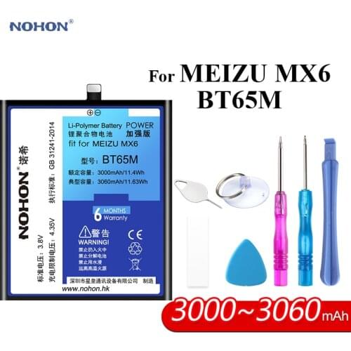 Nohon Battery For MEIZU MX6 6 BT65M 3000mAh 3060mAh built-in High Capacity Phone Li-polymer Bateria For MEIZU MX 6 Battery+Tools