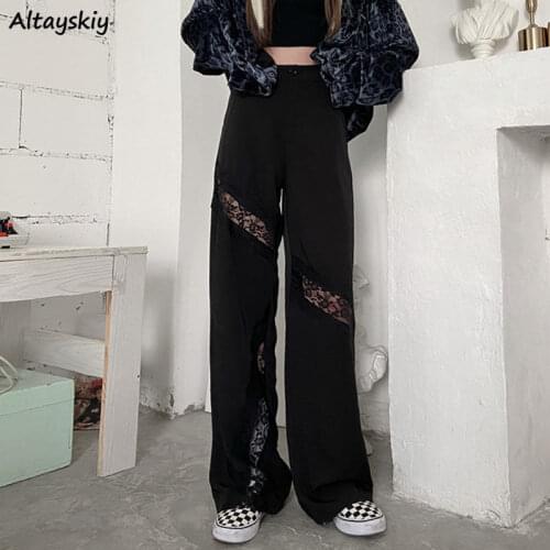 Pants Women Fashion Wide Leg Harajuku Patchwork Full-length Lace Summer High Waist Pockets Street Loose Black Trouser Club Ins