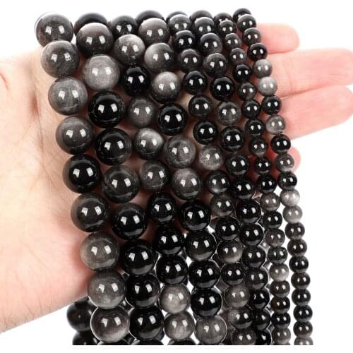 Natural Stone Beads Silver Obsidian Charm Round Loose Beads for Jewelry Making Needlework Bracelet DIY 4-12 MM