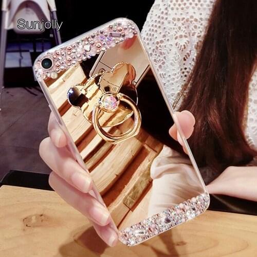 Sunjolly Mirror Diamond Phone Case Crystal Rhinestone Ring Stand Cover coque capa for iPhone X 8/7 Plus 6s/6 Plus 5S 5G SE 4S 4