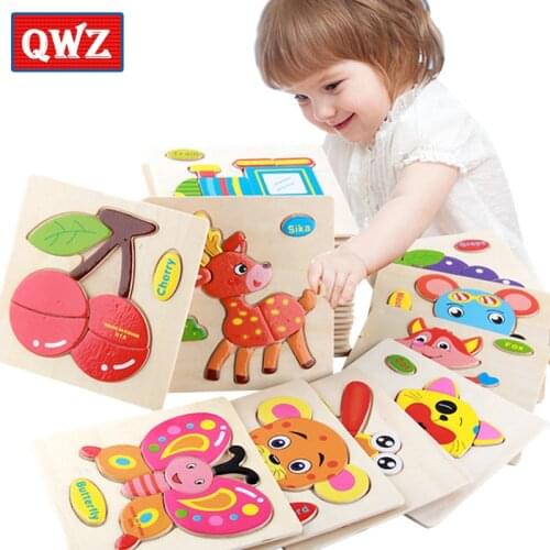 QWZ Wooden 3D Puzzle Jigsaw Wooden Toys For Children Cartoon Animal Puzzles Intelligence Kids Children Educational Toys Gifts