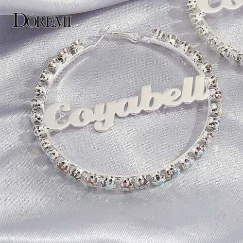 DOREMI New Colorful Zircon Earrings Custom-named Heart-shaped Geometric Zircon Earring Hip-hop Style Custom hoop Earrings 5-7cm