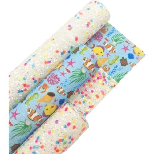 Double Sides Colorfull Chunky Glitter Leather with Printed Sea Fish Stars Felt Backing Glitter Vinyl for Bows DIY A4 SIZE 6S53A