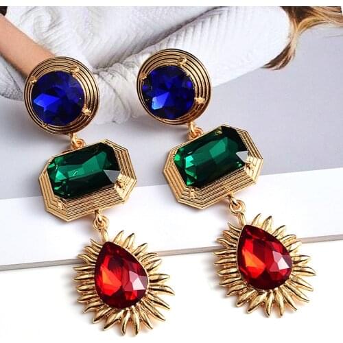 Statement New Gold Metal Colorful Crystal Long Drop Earrings High-Quality Luxury Glass Rhinestone Jewelry Accessories For Women