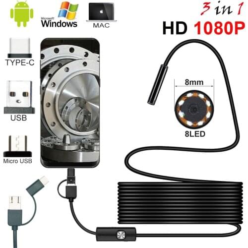 3in1 8mm 8Led Type C Waterproof 1080P Endoscope Camera Inspection 1m 2m 3.5m 5m USB Cable Endoscope Borescope Android Endoscope
