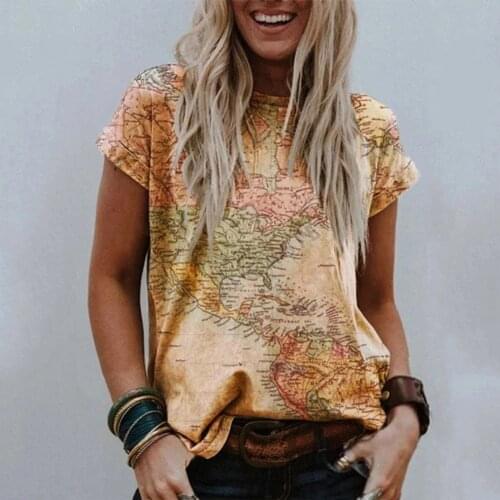 Earth Map Text Printing T Shirt Women 2021 Round Neck Casual Women T-shirts Summer Top Short-Sleeved T-Shirts Streetwear