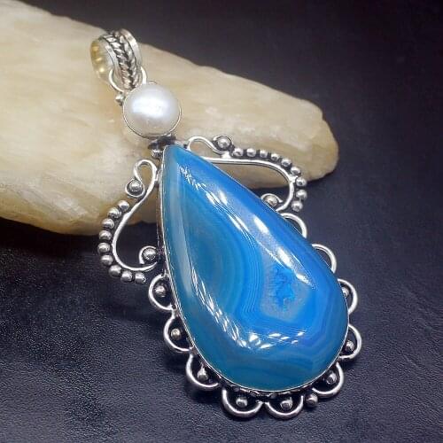 Gemstonefactory Jewelry Big Promotion 925 Silver Vintage Botswana Agate White Pearl Women Ladies Mom Gifts Necklace Pendant 0407