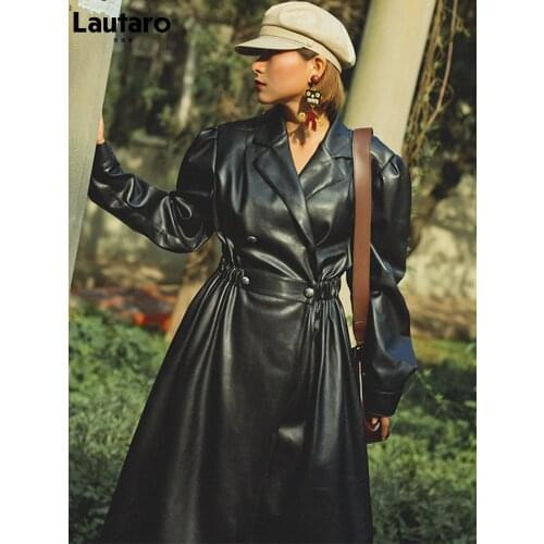 Lautaro Autumn Long Black Pu Leather Trench Coat for Women Long Sleeve Lapel Elastic Waist Elegant Luxury Fashion 2021 One Size