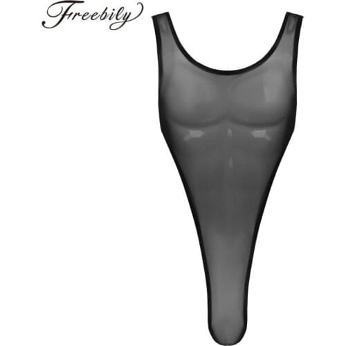 Men See Through Sheer Mesh One-piece Lingerie Deep U Neck Sleeveless High Cut Male Sexy Tank Wrestling Singlet Bodysuit Jumpsuit