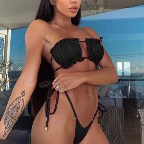 Solid Tube Top Bikini Womens Lace Up Square Bra Padded Sexy Swimsuit Bandage Mini Thong Swimwear Beachwear Топик Женский #T3G