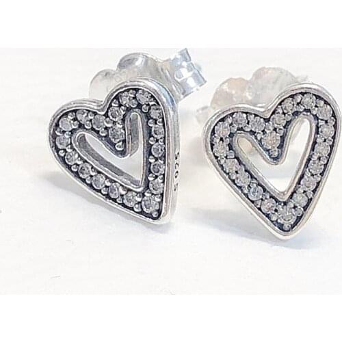 Original Sparkling Freehand Heart Stud Earrings With Crystal For Women 925 Sterling Silver Earring Wedding DIY Jewelry