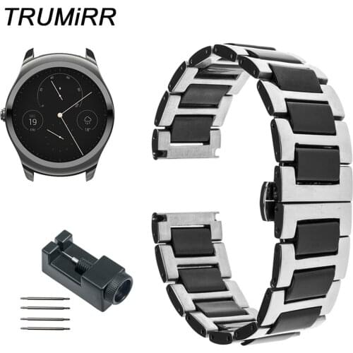 20mm 22mm Ceramic + Stainless Steel Watch Band for Ticwatch 1 46mm / Ticwatch 2 42mm Butterfly Buckle Wrist Strap Link Bracelet