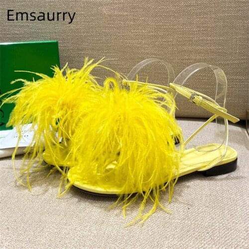 Multicolor Luxury Feather Flip Flops Ankle Strappy Flat Heel Real Leather Summer Mules For Girls Party Sandals Women