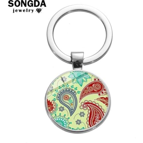SONGDA Unique Paisley Mandala Flower Patterns Keychain Indian Style Ancient Culture Art Floral Glass Dome Charm Key Chain Holder
