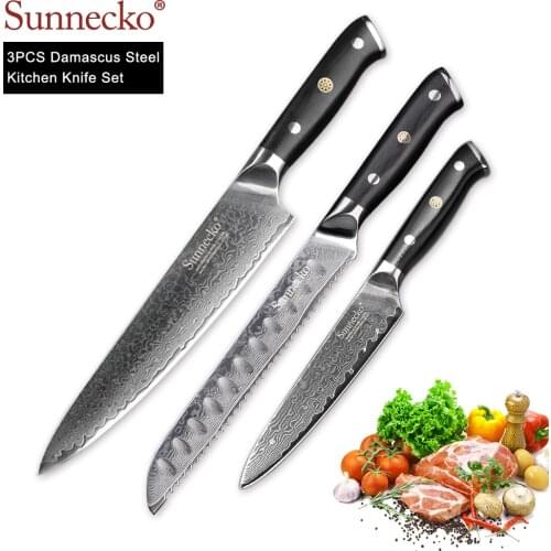 SUNNECKO 3PCS Chef Bread Utility Knife Kitchen Knives Set Japanese Damascus VG10 Steel Core G10 Handle Razor Sharp Cutting Tools