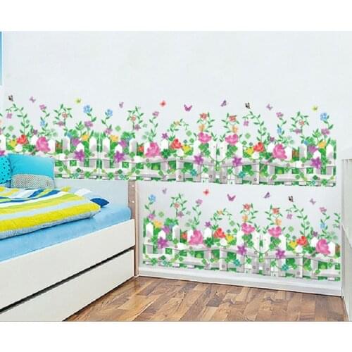 Fresh Butterfly Flowers White Fence Baseboard Waist Line Stickers Living Room Decor Corner Decorative Vinyl Mural art Stickers