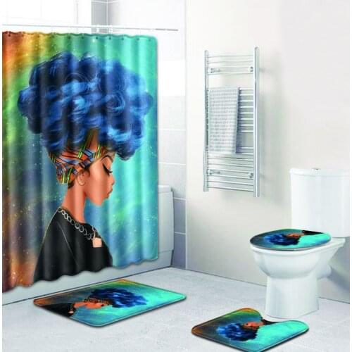 African Woman Pattern Waterproof Polyester Fabric Shower Curtain Set Non Slip Rugs Carpet for Bathroom Toilet