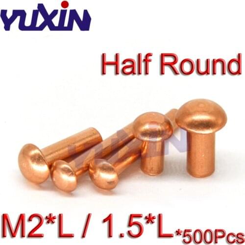 500Pcs GB867 M1.5/M2*L Copper Rivet Pan Head Solid Rivets Brass Half Round Solid Rivet Cap Nail 3-10mm Length 1.5/2mm Diameter