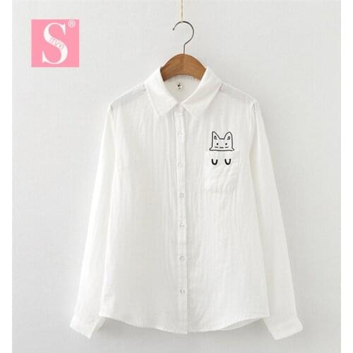 STVY Pocket Cat Embroidered Blouse Women 2021 Spring Autumn Long Sleeve Shirt Casual Cartoon Cotton Lady Tops Blusa Feminina