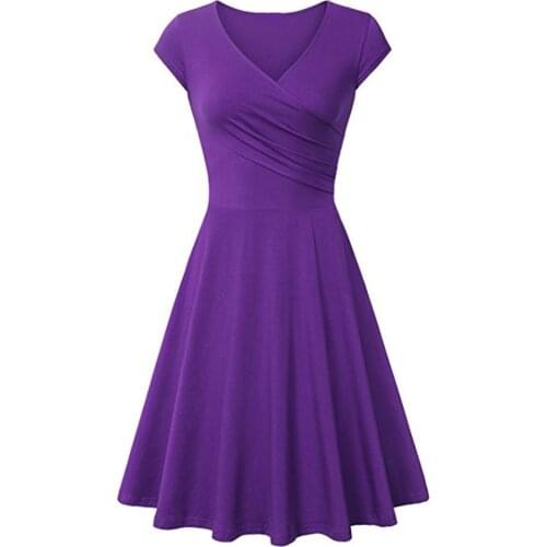 Fashion Elegant Dress Women Solid Color V Neck Short Sleeve Plated Swing Party Banquet Dress