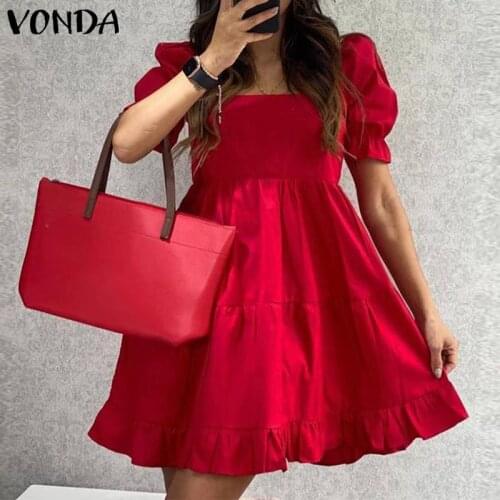 Women Short Sleeve Dress 2021 VONDA Holiday Summer Sundress Party Ruffled Square Collar A-line Mini Dress Vestidos