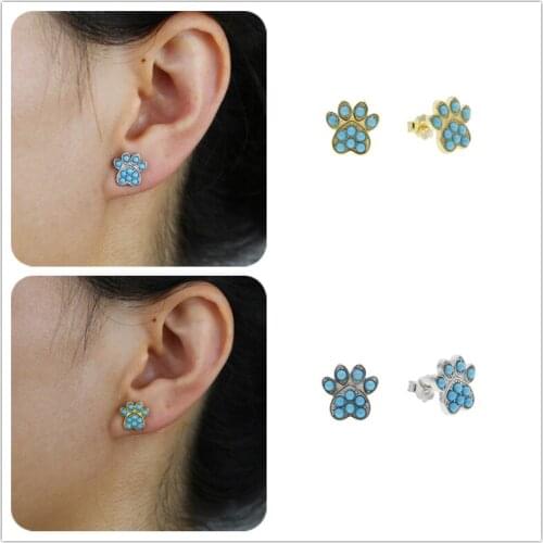 2 Colors 925 Sterling Silver Cute Dog Paw Stud Earrings Paved Turquoises Stone Lovely Jewelry For Women Wedding Fashion Gift