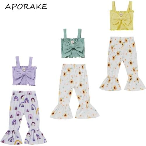 2021 0-4Y Summer Kids Baby Girl Clothing Set Bow Solid Color Tube Top+Sunflower/Rainbow Print Flare Pants Cute Holiday 2pcs