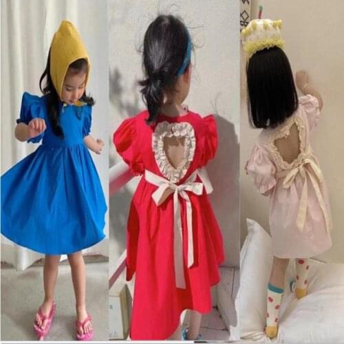 3 colors 2021 summer new girls clothes backless girl dress kids puff sleeve dress toddler love hollow kores dress baby dress 151