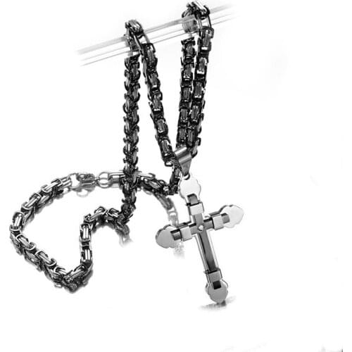 5mm High Quality Stainless Steel Silver Color Black Men Gift Byzantine Chain Christian Jesus Cross Crucifix Pendant Necklace