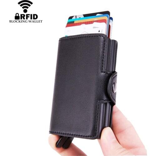 Automatic Pop Up Anti RFID Aluminium Credit Card Holder Men Double Layers Leather Women Business ID Cards Case Wallet for Man
