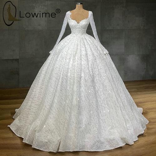 Sparkly Ball Gown Long Sleeve Wedding Dresses Illusion O Neck Lace Up Back Bridal Gowns Custom Made