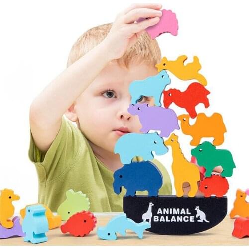 Children Montessori Wooden Animal Balance Blocks Board Games Toy Dinosaur Educational Stacking High Building Block Wood Toy Boys